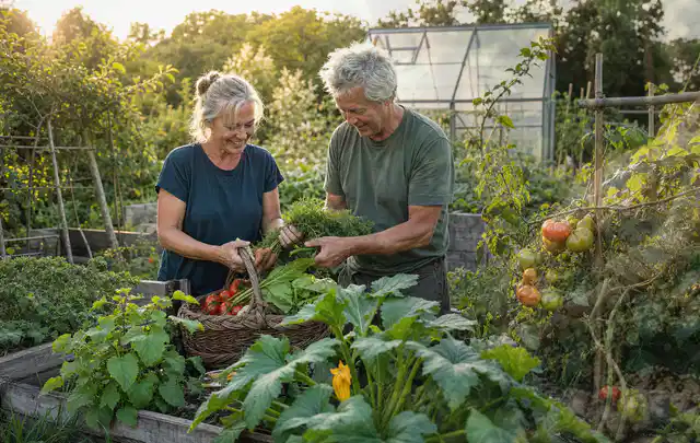 Zwei Personen ernten gemeinsam Gemüse in einem sonnigen Nutzgarten; Thema Himbeeren, Schwerpunkt Hochbeet; Praxisalltag.