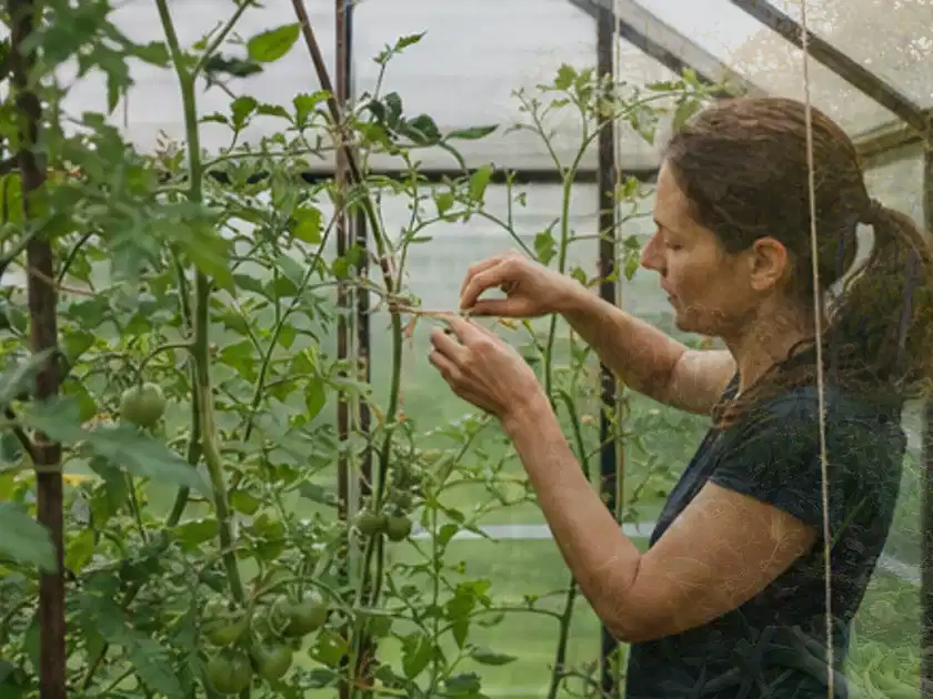 Person bindet junge Tomatentriebe in einem privaten Gewächshaus vorsichtig an; Thema Himbeeren, Schwerpunkt Lagerung; Titelbild.