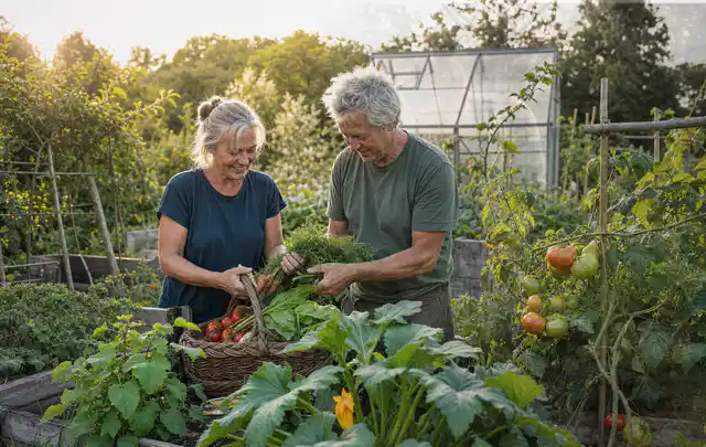 Zwei Personen ernten gemeinsam Gemüse in einem sonnigen Nutzgarten; Thema Himbeeren, Schwerpunkt Nährstoffe; Praxisalltag.