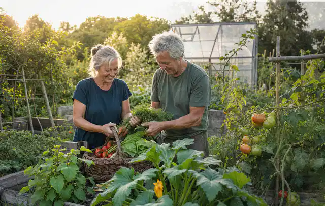 Zwei Personen ernten gemeinsam Gemüse in einem sonnigen Nutzgarten; Thema Himbeeren, Schwerpunkt Pflanzung; Praxisalltag.