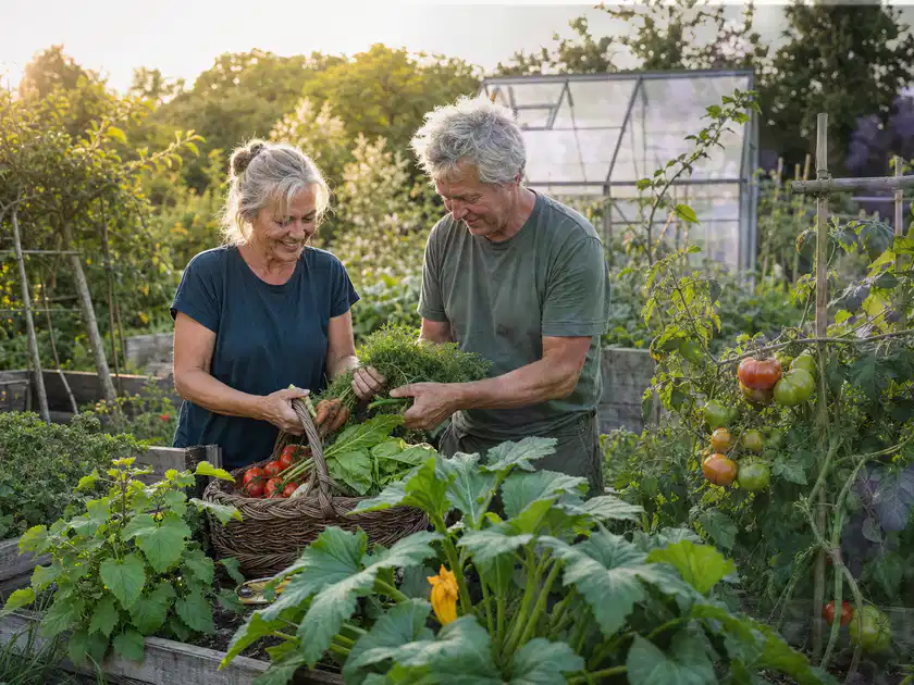 Zwei Personen ernten gemeinsam Gemüse in einem sonnigen Nutzgarten; Thema Himbeeren, Schwerpunkt Schnitt; Titelbild.