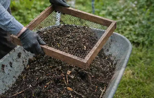 Behandschuhte Hände sieben reifen Kompost über einer Gartenschubkarre; Thema Himbeeren, Schwerpunkt Schnitt; Umsetzung.