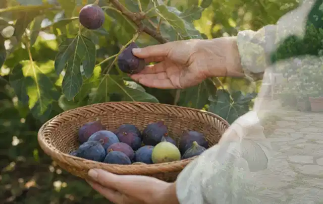 Hand pflückt eine reife Feige über einem flachen Korb mit Früchten; Thema Himbeeren, Schwerpunkt Schnitt; Ergebnis.
