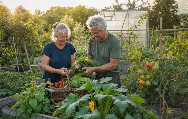Zwei Personen ernten gemeinsam Gemüse in einem sonnigen Nutzgarten; Thema Himbeeren, Schwerpunkt Sortenwahl; Praxisalltag.