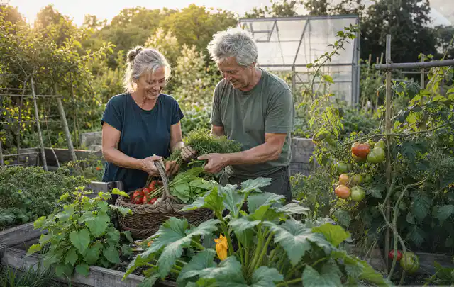 Zwei Personen ernten gemeinsam Gemüse in einem sonnigen Nutzgarten; Thema Hochbeet aus Holz, Schwerpunkt Aufbau; Umsetzung.