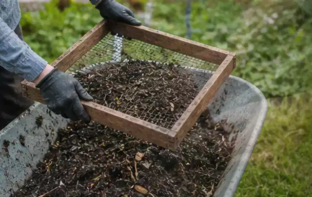 Behandschuhte Hände sieben reifen Kompost über einer Gartenschubkarre; Thema Hochbeet aus Holz, Schwerpunkt Dimensionierung; Ergebnis.