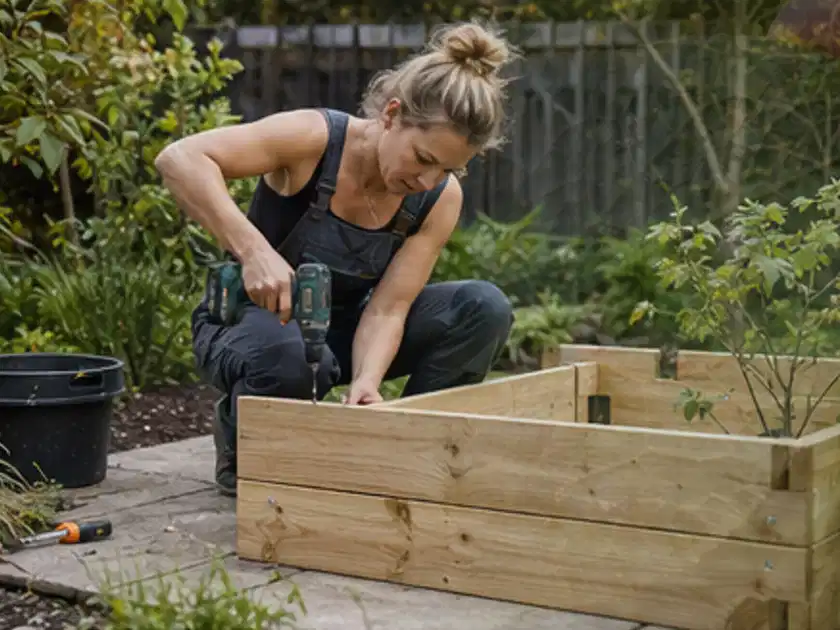 Person montiert ein massives Hochbeet aus unbehandeltem Holz im Garten; Thema Hochbeet aus Holz, Schwerpunkt DIY; Titelbild.