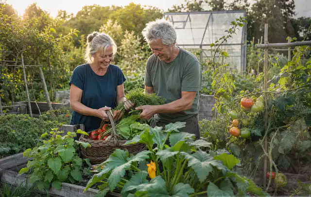 Zwei Personen ernten gemeinsam Gemüse in einem sonnigen Nutzgarten; Thema Hochbeet aus Holz, Schwerpunkt Kosten; Praxisalltag.