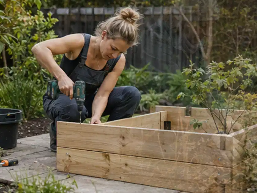 Person montiert ein massives Hochbeet aus unbehandeltem Holz im Garten; Thema Hochbeet aus Holz, Schwerpunkt Materialwahl; Titelbild.