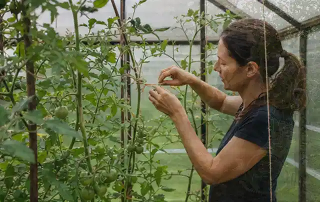 Person bindet junge Tomatentriebe in einem privaten Gewächshaus vorsichtig an; Thema Hochbeet aus Holz, Schwerpunkt Nachhaltigkeit; Umsetzung.