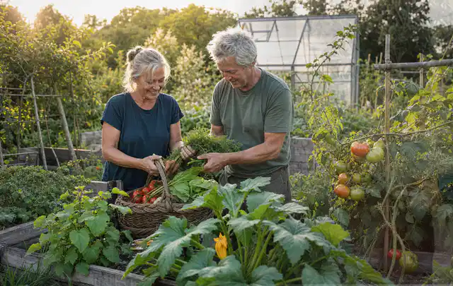 Zwei Personen ernten gemeinsam Gemüse in einem sonnigen Nutzgarten; Thema Hochbeet aus Holz, Schwerpunkt Standort; Praxisalltag.