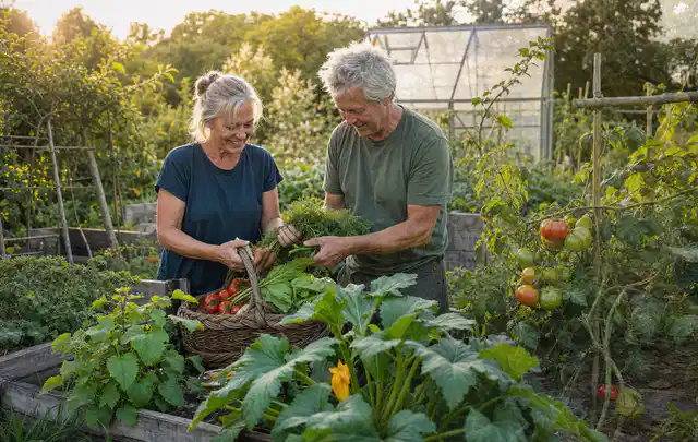 Zwei Personen ernten gemeinsam Gemüse in einem sonnigen Nutzgarten; Thema Hochbeet aus Metall, Schwerpunkt Nachhaltigkeit; Ergebnis.