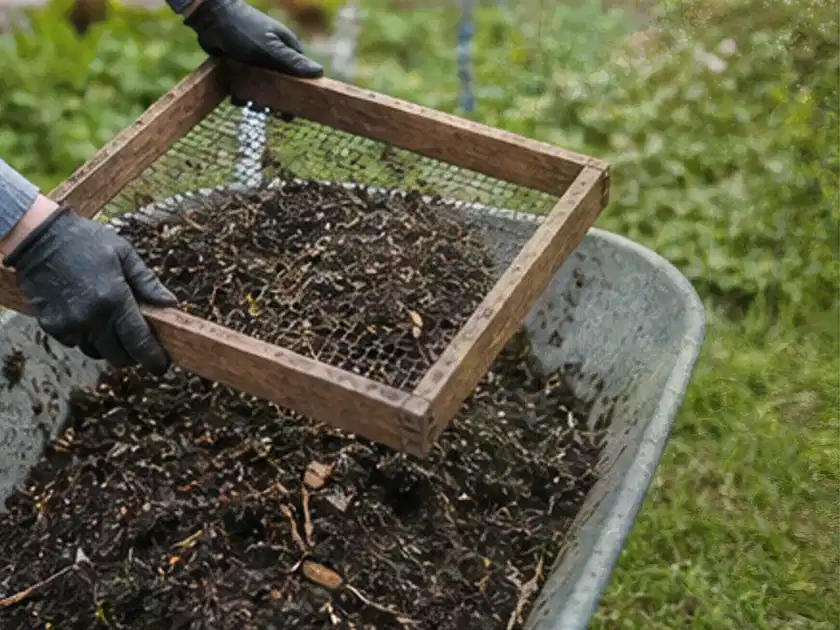 Behandschuhte Hände sieben reifen Kompost über einer Gartenschubkarre; Thema Hochbeet aus Stein, Schwerpunkt Baurecht; Titelbild.