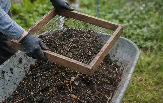 Behandschuhte Hände sieben reifen Kompost über einer Gartenschubkarre; Thema Hochbeet aus Stein, Schwerpunkt Dimensionierung; Praxisalltag.