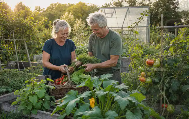 Zwei Personen ernten gemeinsam Gemüse in einem sonnigen Nutzgarten; Thema Hochbeet aus Stein, Schwerpunkt DIY; Umsetzung.