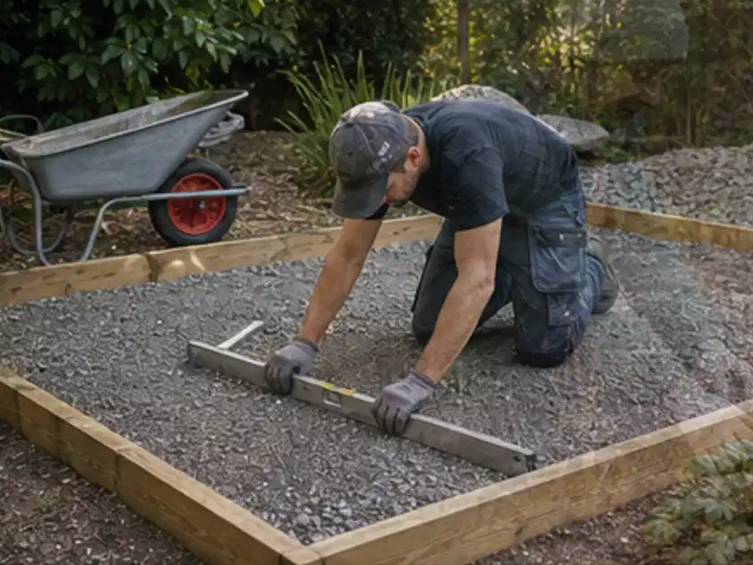 Person richtet eine verdichtete Kiesfläche mit Wasserwaage und Abziehlatte aus; Thema Hochbeet aus Stein, Schwerpunkt Fundament; Titelbild.