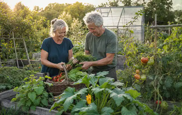 Zwei Personen ernten gemeinsam Gemüse in einem sonnigen Nutzgarten; Thema Hochbeet aus Stein, Schwerpunkt Gestaltung; Umsetzung.