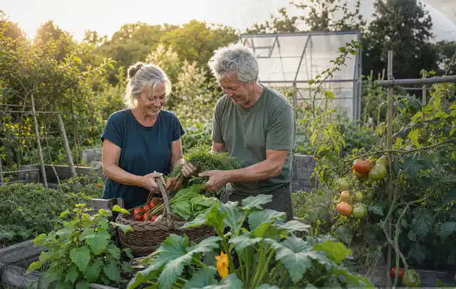 Zwei Personen ernten gemeinsam Gemüse in einem sonnigen Nutzgarten; Thema Hochbeet aus Stein, Schwerpunkt Materialwahl; Ergebnis.