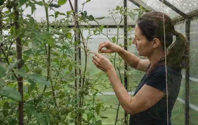 Person bindet junge Tomatentriebe in einem privaten Gewächshaus vorsichtig an; Thema Hochbeet aus Stein, Schwerpunkt Materialwahl; Praxisalltag.