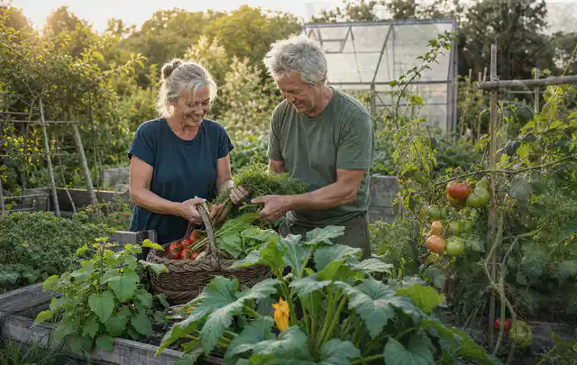 Zwei Personen ernten gemeinsam Gemüse in einem sonnigen Nutzgarten; Thema Hochbeet aus Stein, Schwerpunkt Pflege; Ausgangslage.
