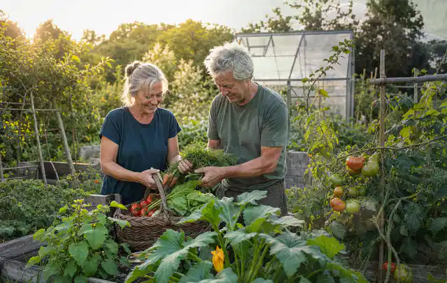 Zwei Personen ernten gemeinsam Gemüse in einem sonnigen Nutzgarten; Thema Hochbeet aus Stein, Schwerpunkt Winterschutz; Ausgangslage.