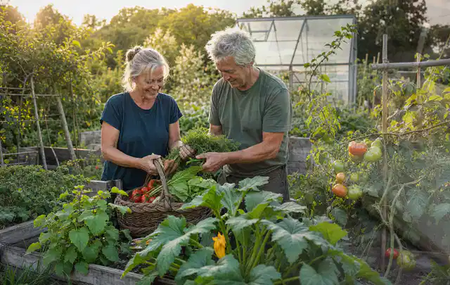 Zwei Personen ernten gemeinsam Gemüse in einem sonnigen Nutzgarten; Thema Hochbeet Befüllung, Schwerpunkt Fehlerhilfe; Ergebnis.