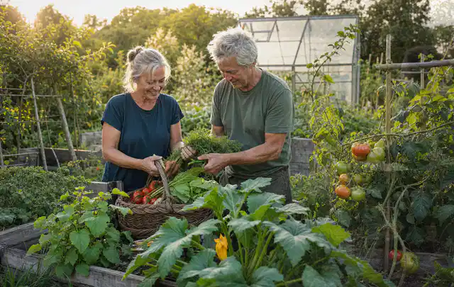 Zwei Personen ernten gemeinsam Gemüse in einem sonnigen Nutzgarten; Thema Hochbeet Befüllung, Schwerpunkt Hochbeete; Ergebnis.
