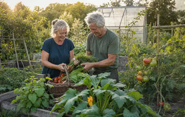 Zwei Personen ernten gemeinsam Gemüse in einem sonnigen Nutzgarten; Thema Hochbeet Befüllung, Schwerpunkt Kosten; Praxisalltag.