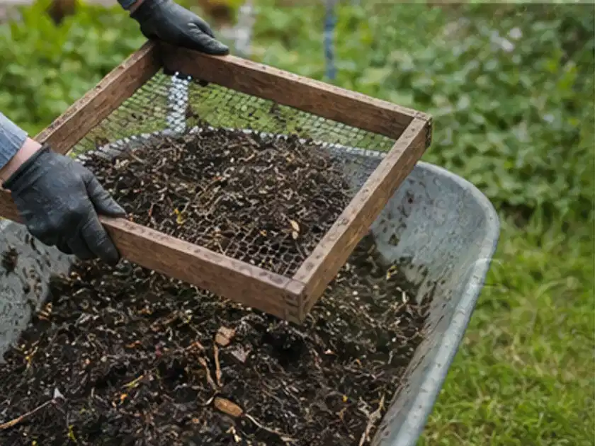 Behandschuhte Hände sieben reifen Kompost über einer Gartenschubkarre; Thema Hochbeet Befüllung, Schwerpunkt Materialwahl; Titelbild.