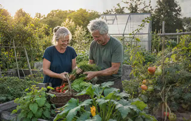 Zwei Personen ernten gemeinsam Gemüse in einem sonnigen Nutzgarten; Thema Hochbeet Befüllung, Schwerpunkt Materialwahl; Praxisalltag.