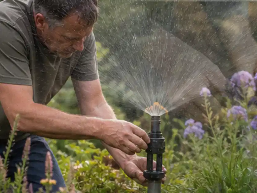 Person richtet einen laufenden Gartensprenger zwischen Stauden präzise aus; Thema Hochbeet Bewässerung, Schwerpunkt Fehlerhilfe; Titelbild.