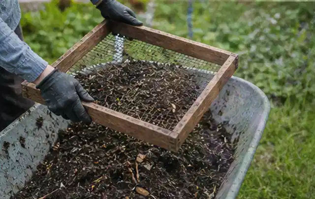Behandschuhte Hände sieben reifen Kompost über einer Gartenschubkarre; Thema Hochbeet Bewässerung, Schwerpunkt Fehlerhilfe; Ausgangslage.