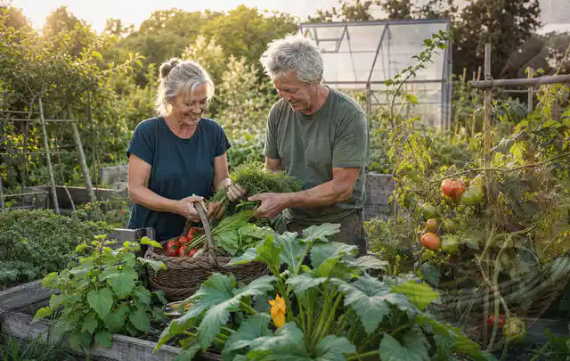 Zwei Personen ernten gemeinsam Gemüse in einem sonnigen Nutzgarten; Thema Hochbeet Bewässerung, Schwerpunkt Materialwahl; Kontrolle.