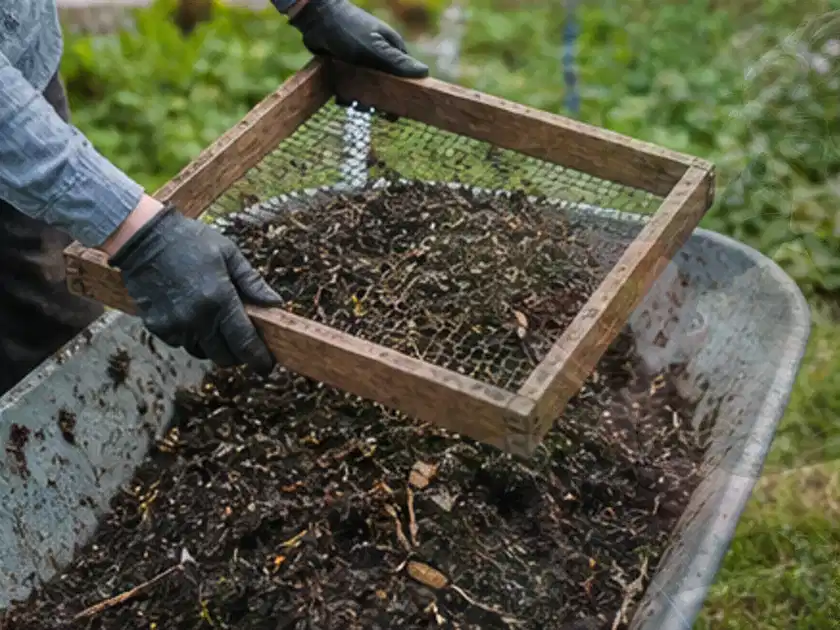 Behandschuhte Hände sieben reifen Kompost über einer Gartenschubkarre; Thema Hochbeet für den Balkon, Schwerpunkt Baurecht; Titelbild.