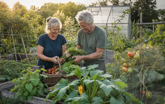 Zwei Personen ernten gemeinsam Gemüse in einem sonnigen Nutzgarten; Thema Hochbeet für den Balkon, Schwerpunkt Fehlerhilfe; Ergebnis.