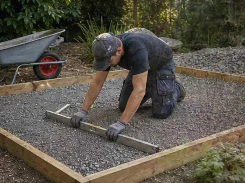 Person richtet eine verdichtete Kiesfläche mit Wasserwaage und Abziehlatte aus; Thema Hochbeet für den Balkon, Schwerpunkt Fundament; Titelbild.