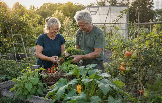 Zwei Personen ernten gemeinsam Gemüse in einem sonnigen Nutzgarten; Thema Hochbeet für den Balkon, Schwerpunkt Gärten mit kleiner Fläche; Ausgangslage.