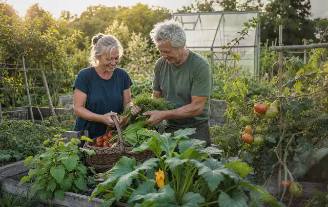 Zwei Personen ernten gemeinsam Gemüse in einem sonnigen Nutzgarten; Thema Hochbeet für den Balkon, Schwerpunkt Hochbeete; Ergebnis.