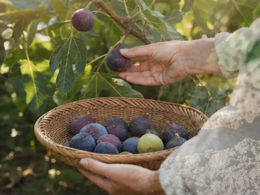 Hand pflückt eine reife Feige über einem flachen Korb mit Früchten; Thema Hochbeet für den Balkon, Schwerpunkt Standort; Titelbild.