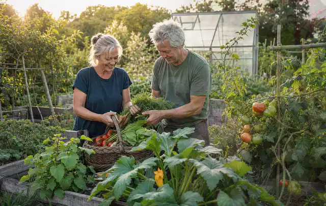 Zwei Personen ernten gemeinsam Gemüse in einem sonnigen Nutzgarten; Thema Hochbeet für den Balkon, Schwerpunkt Standort; Ergebnis.