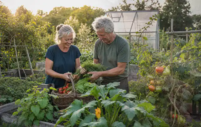 Zwei Personen ernten gemeinsam Gemüse in einem sonnigen Nutzgarten; Thema Hochbeet Pflege, Schwerpunkt Hochbeete; Umsetzung.