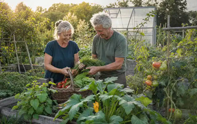 Zwei Personen ernten gemeinsam Gemüse in einem sonnigen Nutzgarten; Thema Hochbeet Pflege, Schwerpunkt Nachhaltigkeit; Kontrolle.