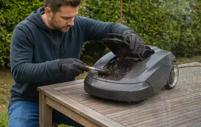 Person wartet einen geöffneten Mähroboter auf einem stabilen Gartentisch; Thema Hochdruckreiniger, Schwerpunkt Bestenliste; Umsetzung.