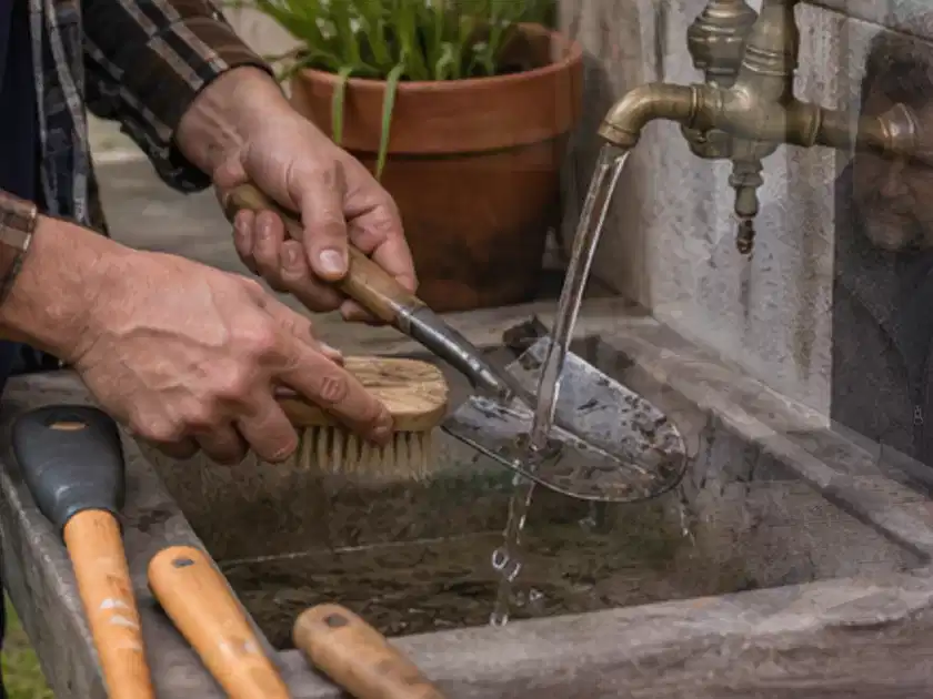 Hände reinigen gebrauchte Gartengeräte mit Bürste und Wasser am Außenbecken; Thema Hochdruckreiniger, Schwerpunkt Checkliste; Titelbild.