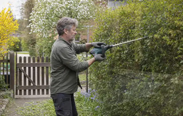 Person schneidet eine Gartenhecke mit einem motorisierten Gartengerät; Thema Hochdruckreiniger, Schwerpunkt Checkliste; Praxisalltag.