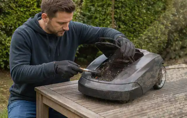 Person wartet einen geöffneten Mähroboter auf einem stabilen Gartentisch; Thema Hochdruckreiniger, Schwerpunkt Ersatzteile; Kontrolle.