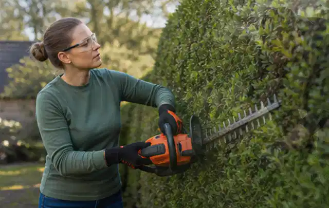 Person schneidet eine dichte Gartenhecke mit Schutzbrille und sicherem Stand; Thema Hochdruckreiniger, Schwerpunkt Fehlerhilfe; Ergebnis.