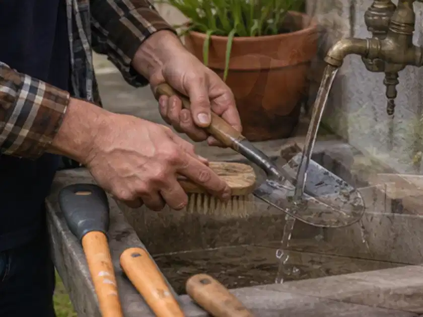 Hände reinigen gebrauchte Gartengeräte mit Bürste und Wasser am Außenbecken; Thema Hochdruckreiniger, Schwerpunkt Gärten mit großer Fläche; Titelbild.