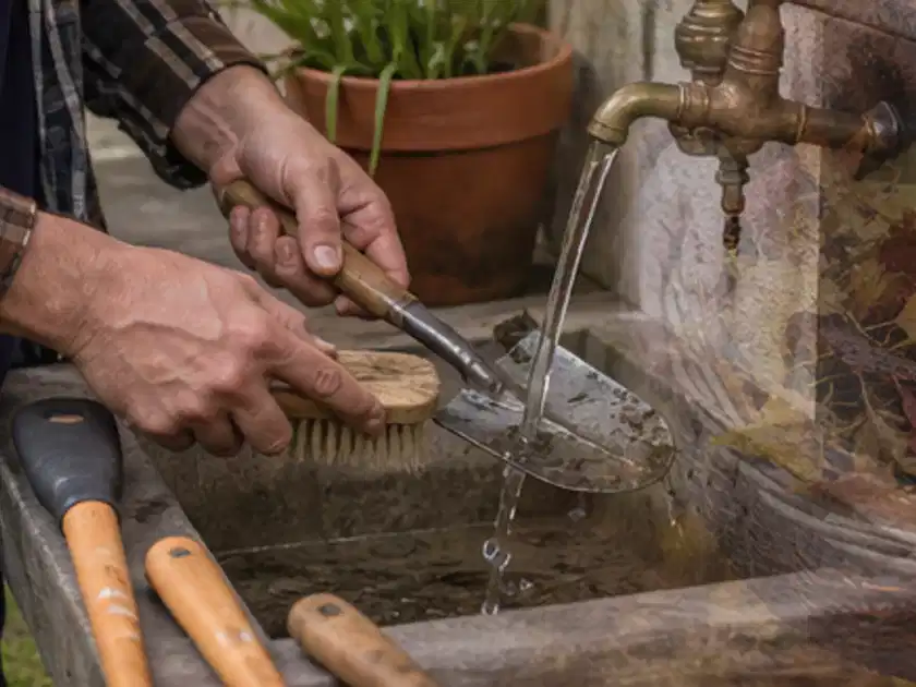 Hände reinigen gebrauchte Gartengeräte mit Bürste und Wasser am Außenbecken; Thema Hochdruckreiniger, Schwerpunkt Gärten mit kleiner Fläche; Titelbild.