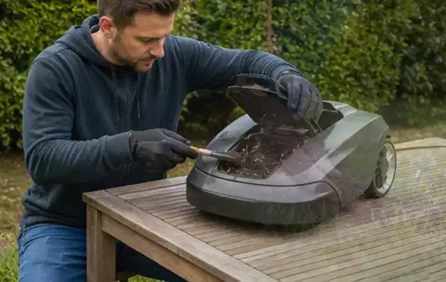 Person wartet einen geöffneten Mähroboter auf einem stabilen Gartentisch; Thema Hochdruckreiniger, Schwerpunkt Gärten mit kleiner Fläche; Kontrolle.